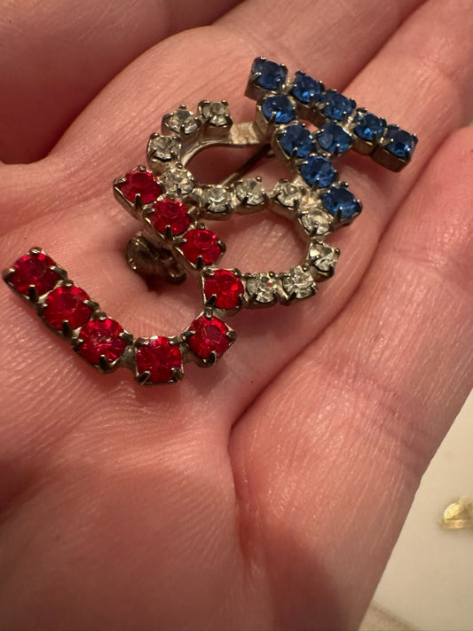 Vintage USA Rhinestone Brooch Pin Red White Blue