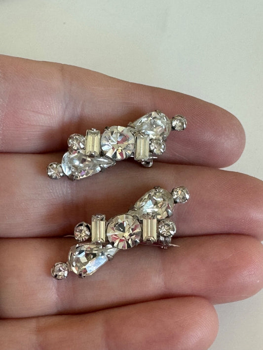 Pair of Silver Tone Rhinestone Brooches Lingerie Fur Pins Duette