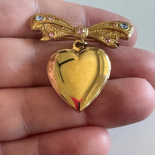 Vintage 1928 Heart Shaped Locket Dangle Brooch Pin Pin Blue Stones Gold Toned
