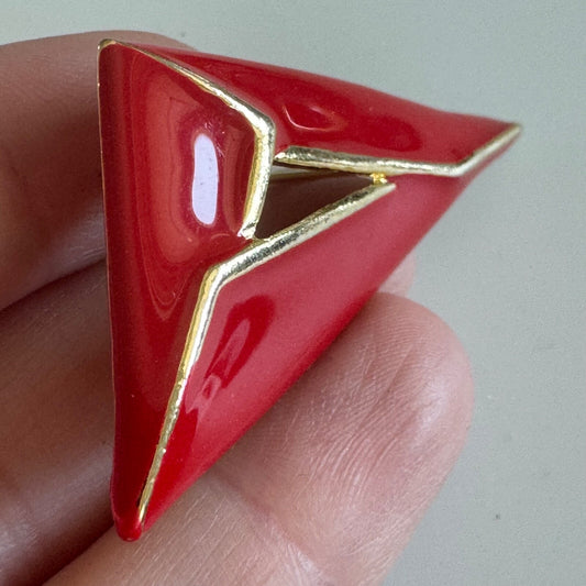 Vintage Gold Tone Red Enamel Triangle Brooch Pin 1980s 1990s