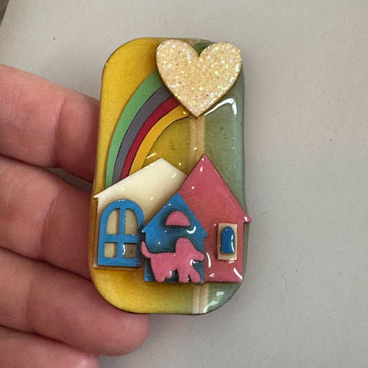 Vintage House Pins by Lucinda DOG RAINBOW Sparkle Heart Brooch Lapel Pin