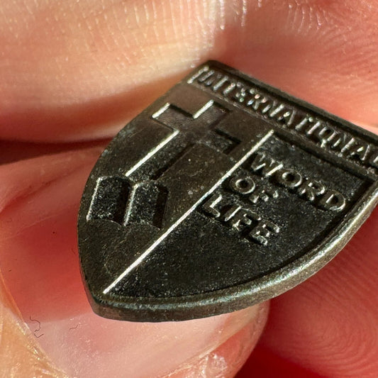Vintage Word of Life International Shield Cross Lapel Pin