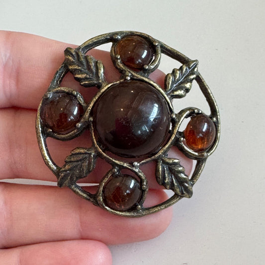 Vintage Dark Amber Colored Cabochon Brooch Pendant Pin Bronze Tone