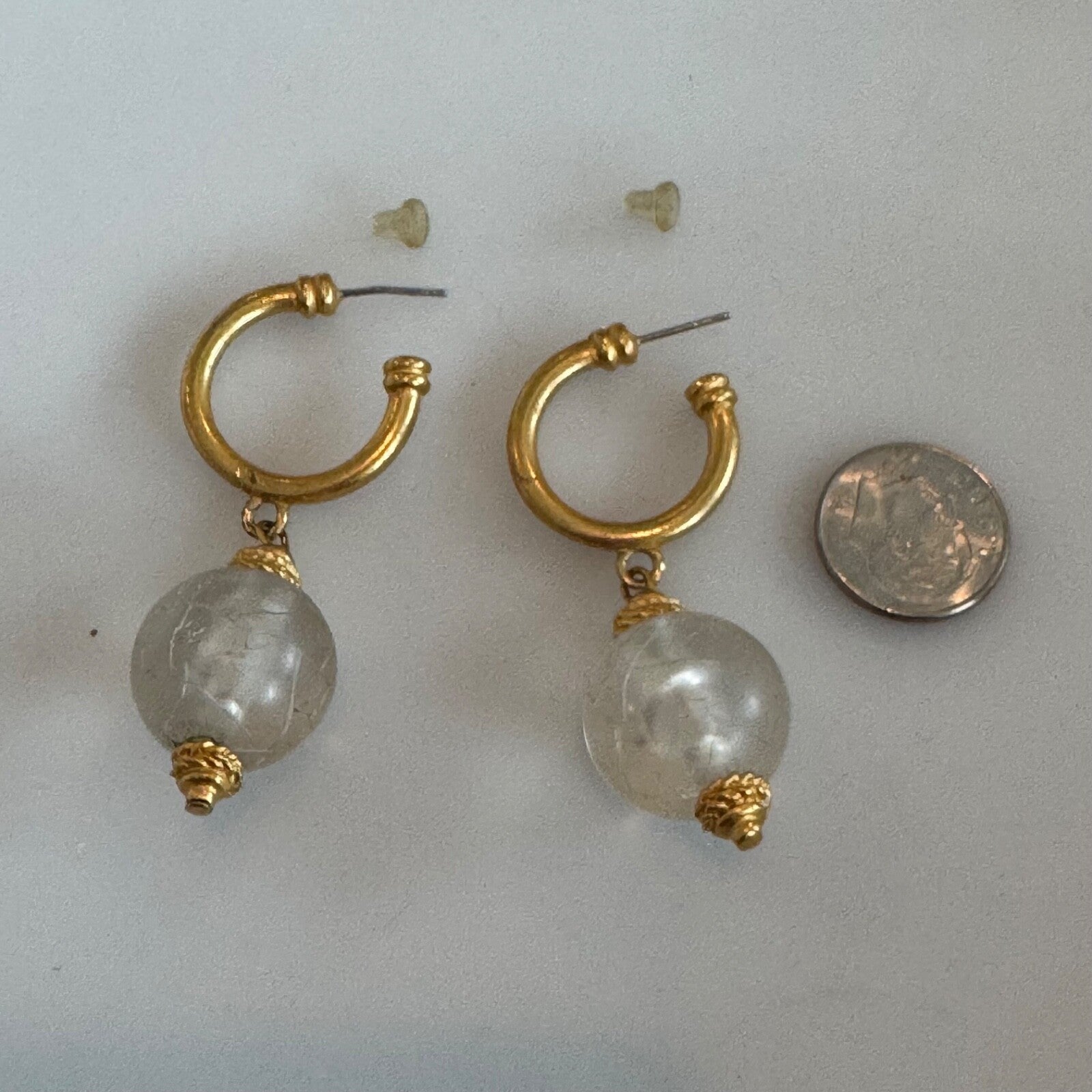 Vintage Gold Tone Hoop Drop Earrings with Frosted Glass Dangle Bead