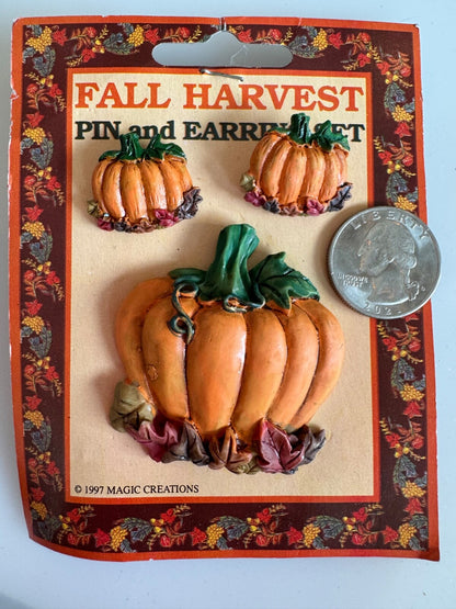 Vintage Fall Harvest Pin and Earrings Set Pumpkin Leaves Magic Creations Brooch