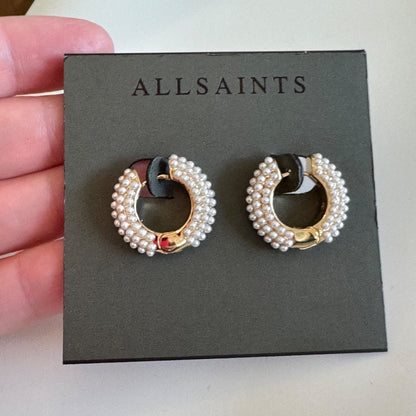 Allsaints Pearl Hoop Earrings New on Card Gold Tone Huggie All Saints