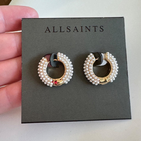 Allsaints Pearl Hoop Earrings New on Card Gold Tone Huggie All Saints