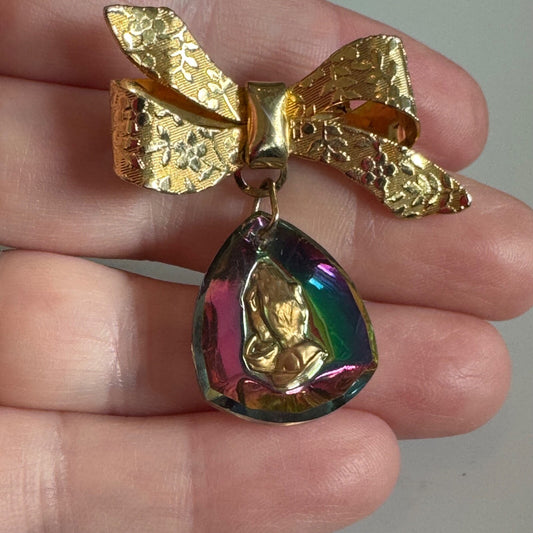 Vintage Bow Brooch Dangle Reverse Carved Praying Hands Rainbow Glass Pin