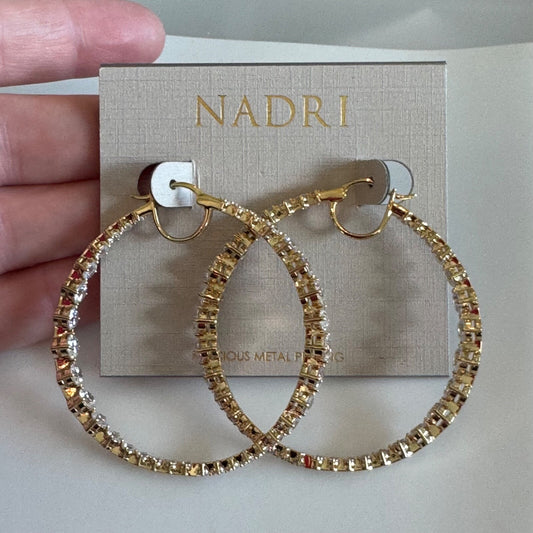 Nadri Gold Hoop Earrings With Crystal New On Card Pierced $100