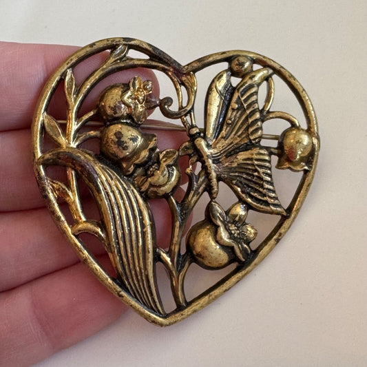 Antique Art Nouveau Heart Shaped Brooch Butterfly and Flowers Brass Patina