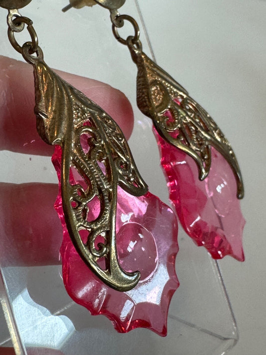 Vintage Pink Chandelier Crystal Look Earrings Aged Gold