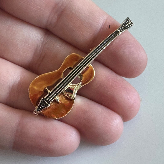Vintage Gold Tone Enamel Wash Brown Guitar Brooch Pin Ukelele
