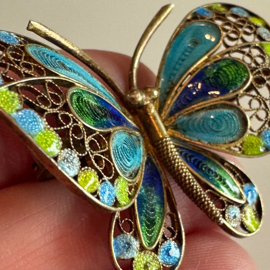 Vintage 800 Silver Plique a Jour Filigree Butterfly Brooch Pin Gold Plated