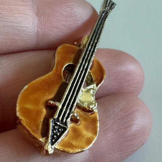 Vintage Gold Tone Enamel Wash Brown Guitar Brooch Pin Ukelele