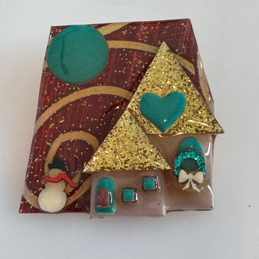 Vintage House Pins by Lucinda Christmas Snowman Wreath Glitter Brooch Pin