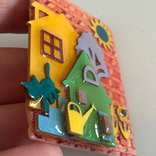 Vintage House Pins by Lucinda CAT Watering Can Flowers Sun Bricks Brooch Pin