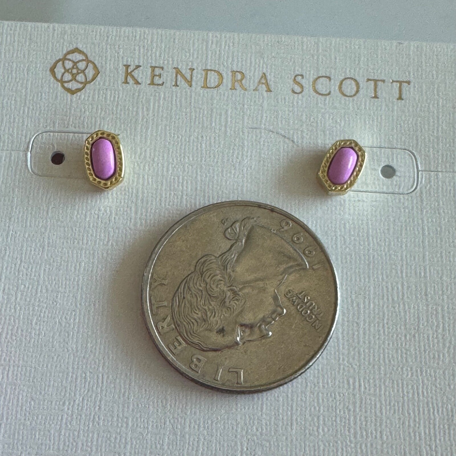Kendra Scott Mini Ellie Gold Tone Earrings with Pink Stones New on Card