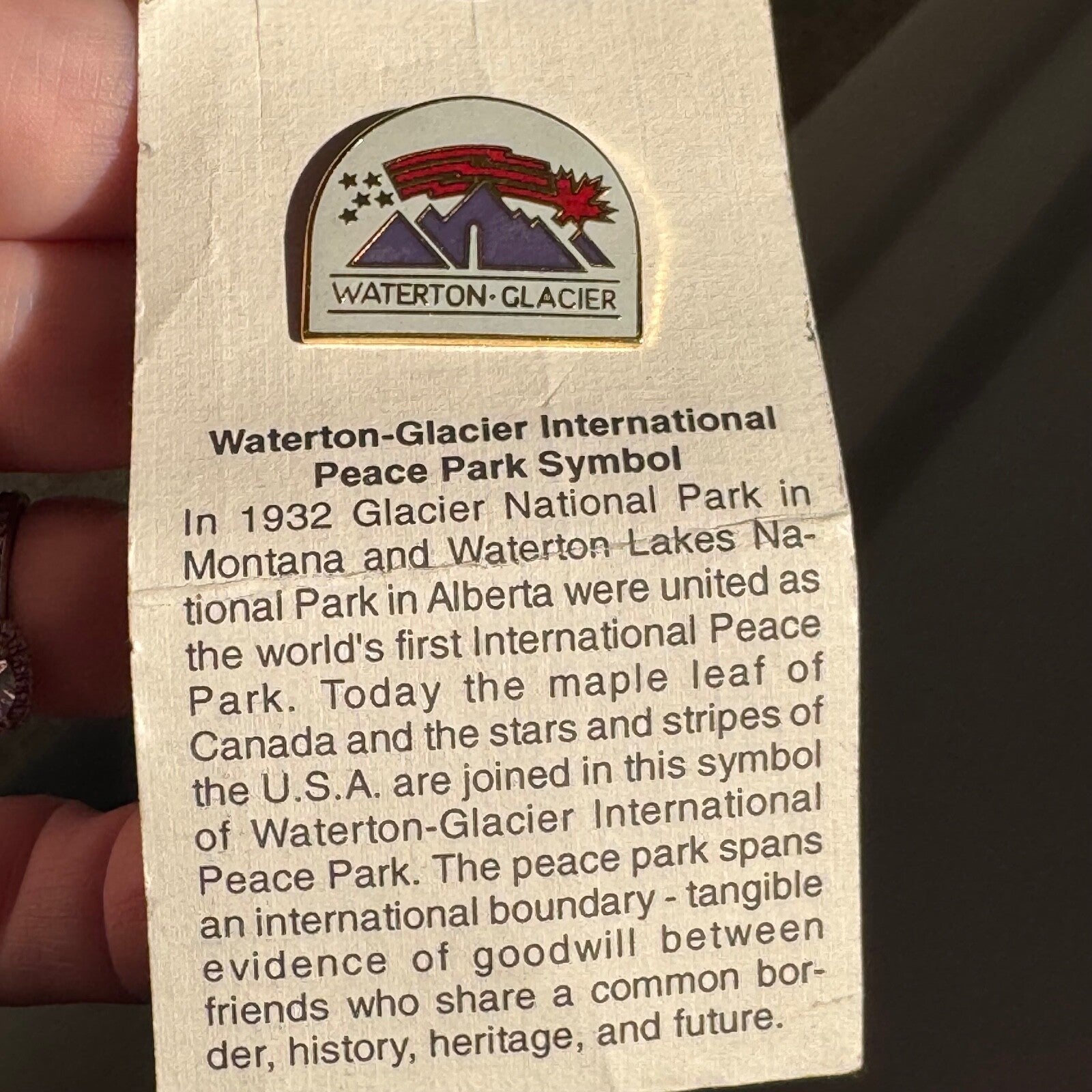 Vtg Waterton Glacier National Park Montana International Peace Lapel Pin On Card