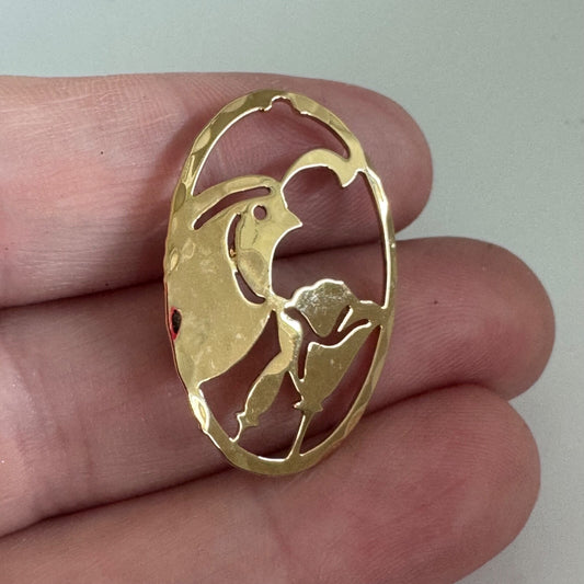 Vintage Gold Tone Wild Bryde Quail and Flower Lapel Pin Vertical Oval Shape RARE
