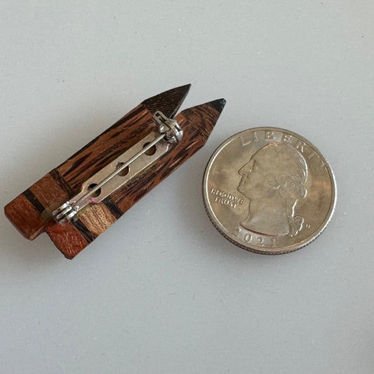 Vintage Hand-Crafted Wooden Pencil Brooch Many Types of Wood Pin