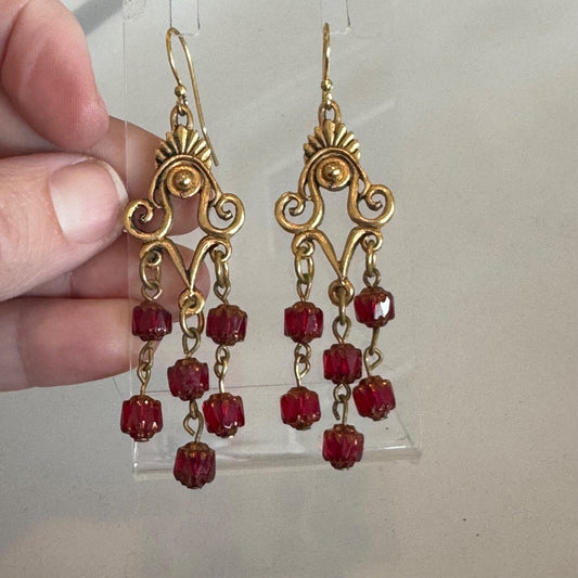 Art Nouveau Chandelier Earrings Red Crystal Earrings Antique Gold 