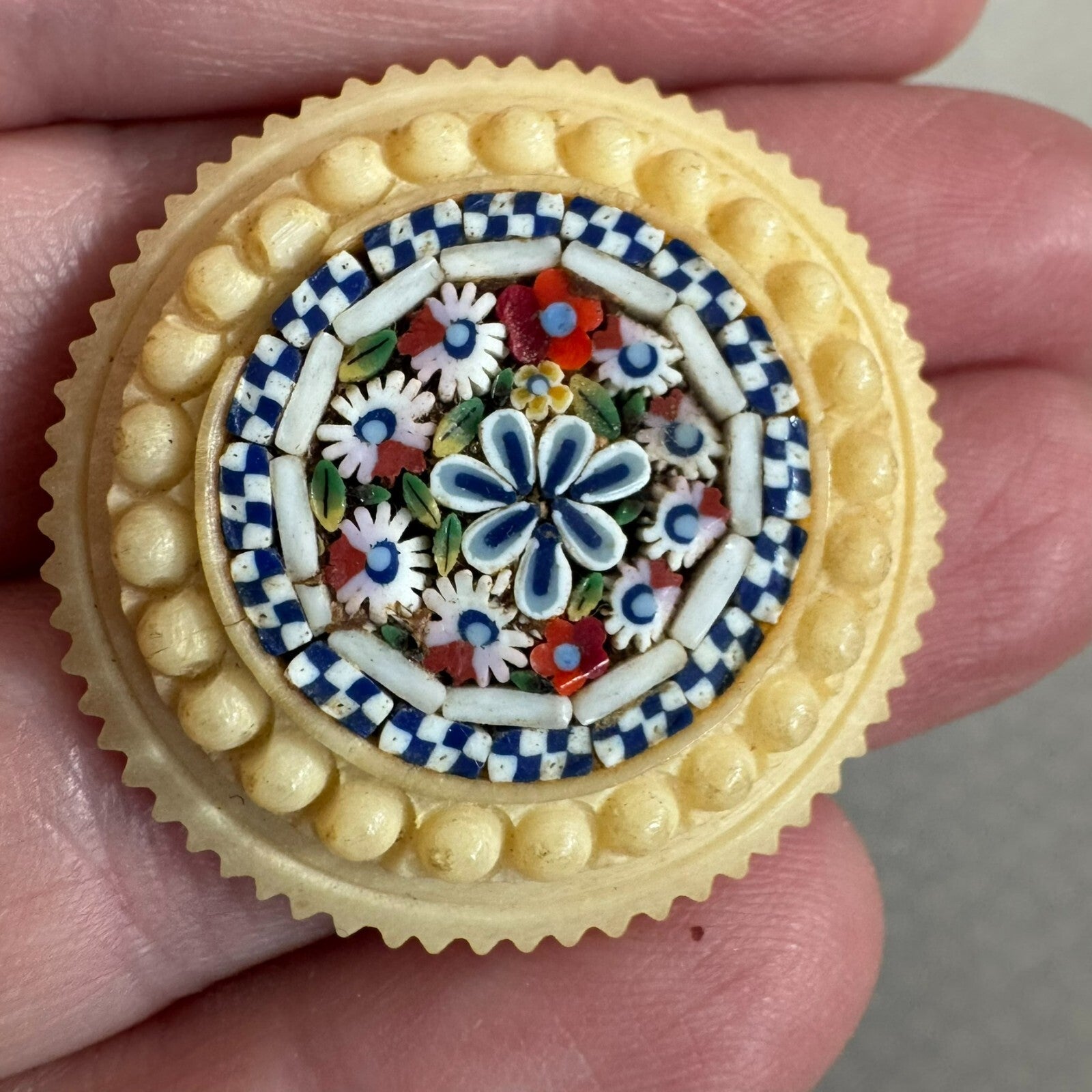 Gorgeous Antique Micromosaic Brooch Celluloid  Bone? Micro Mosaic C-Clasp