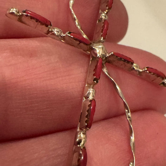 Large Signed Sterling Silver Red Coral Cross Pendant Navajo? Methodist