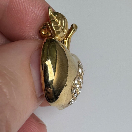 Vintage Gold Tone Rhinestone Apple Brooch Pin