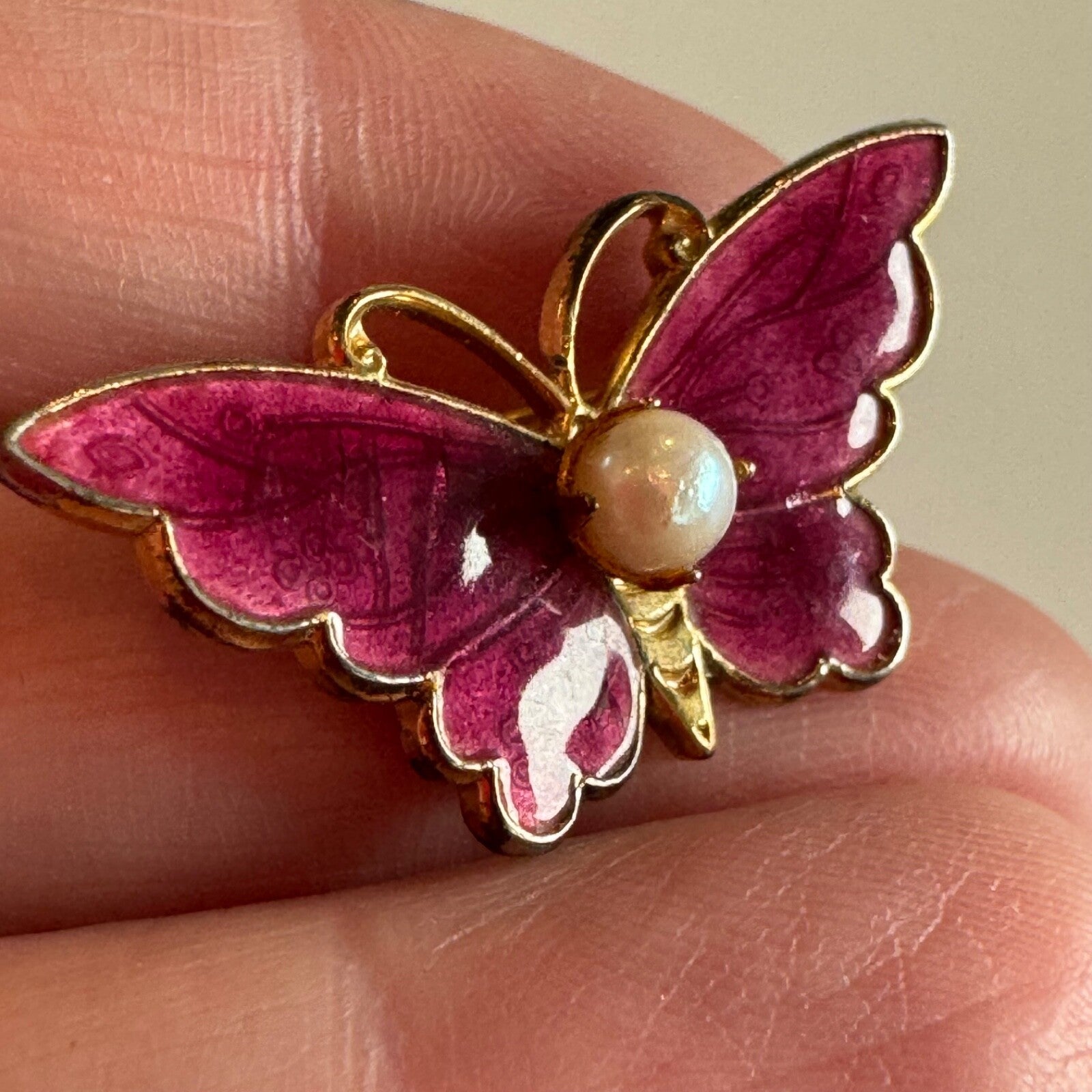 Gorgeous Pink Mauve Enamel and Pearl Butterfly Brooch Duette Pin