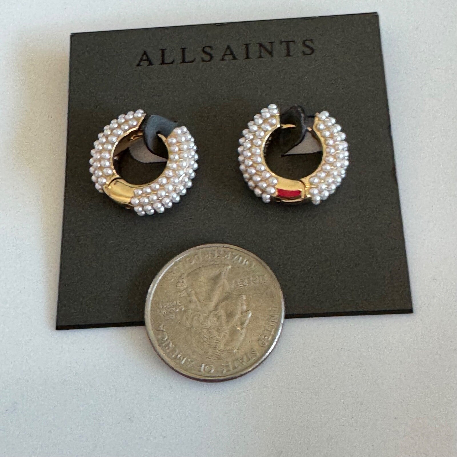 Allsaints Pearl Hoop Earrings New on Card Gold Tone Huggie All Saints