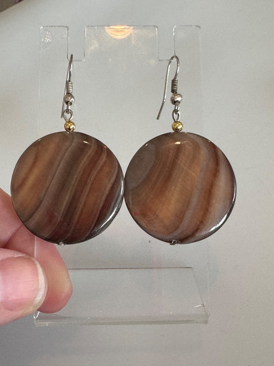 Large Disc Mother of Pearl Dangle Pierced Earrings