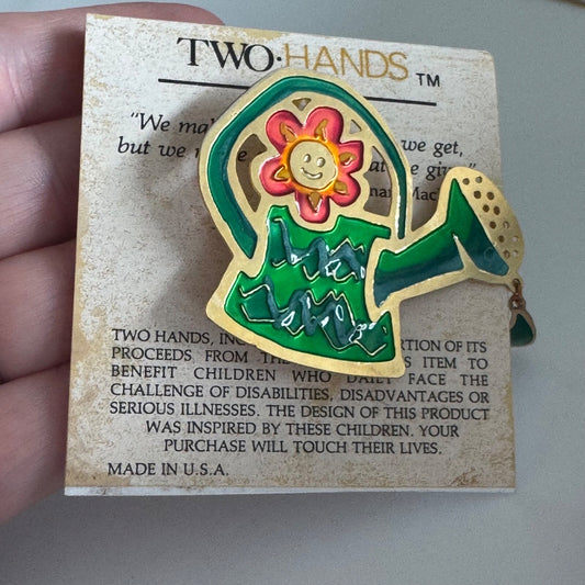 Vintage Two Hands Watering Can Brooch Gold Tone Enamel Pin