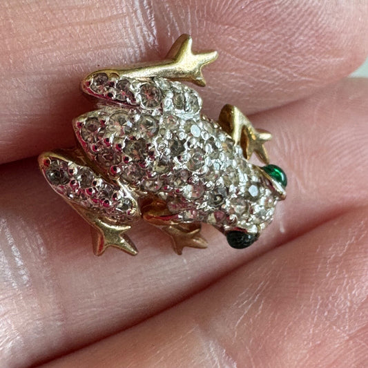 Vtg Crystal Tree Frog with Green Eyes Gold Tone Silver Tone Pin Brooch Tie Tack
