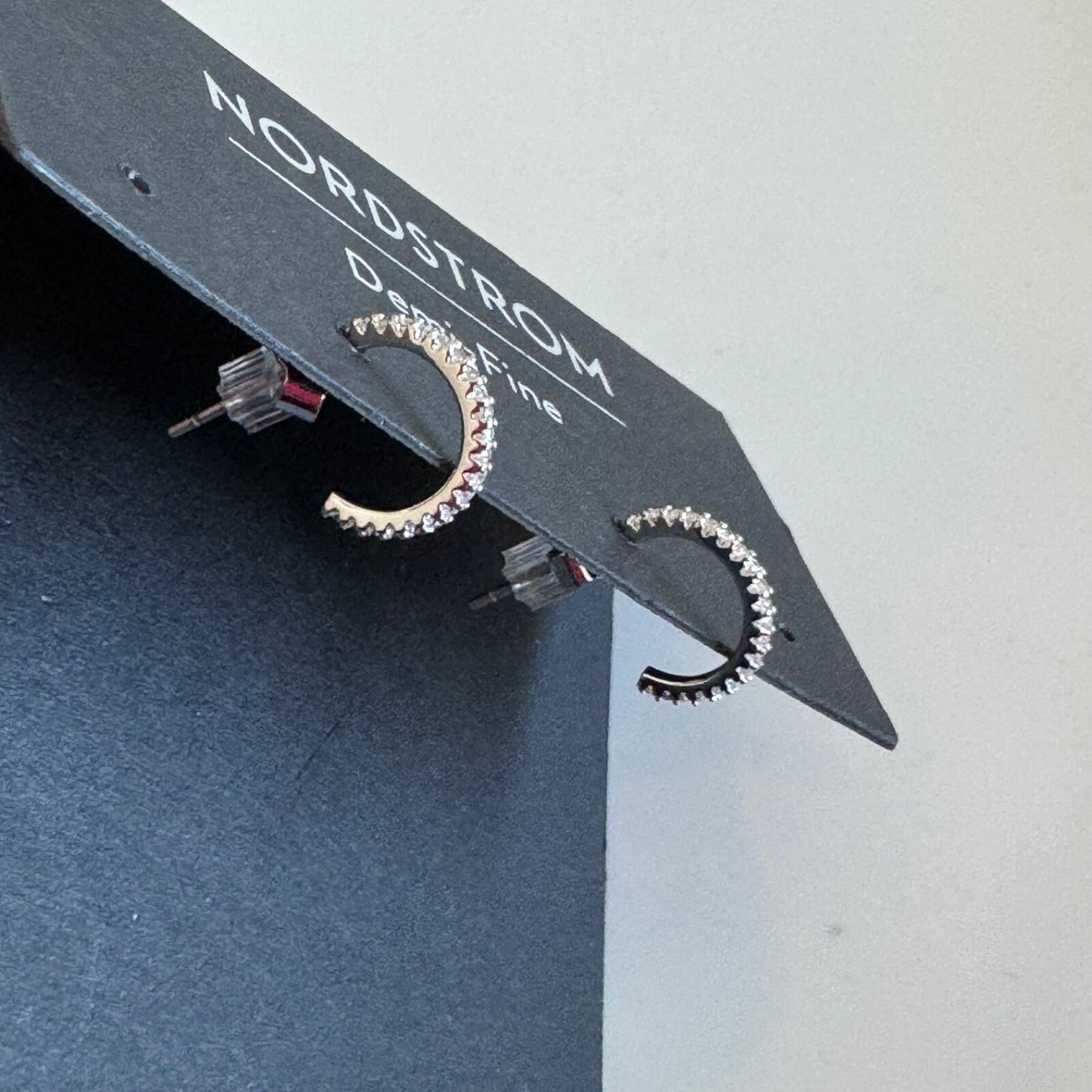 Nordstrom Pave Silver Hoop Earrings With CZ Detail New On Card Pierced