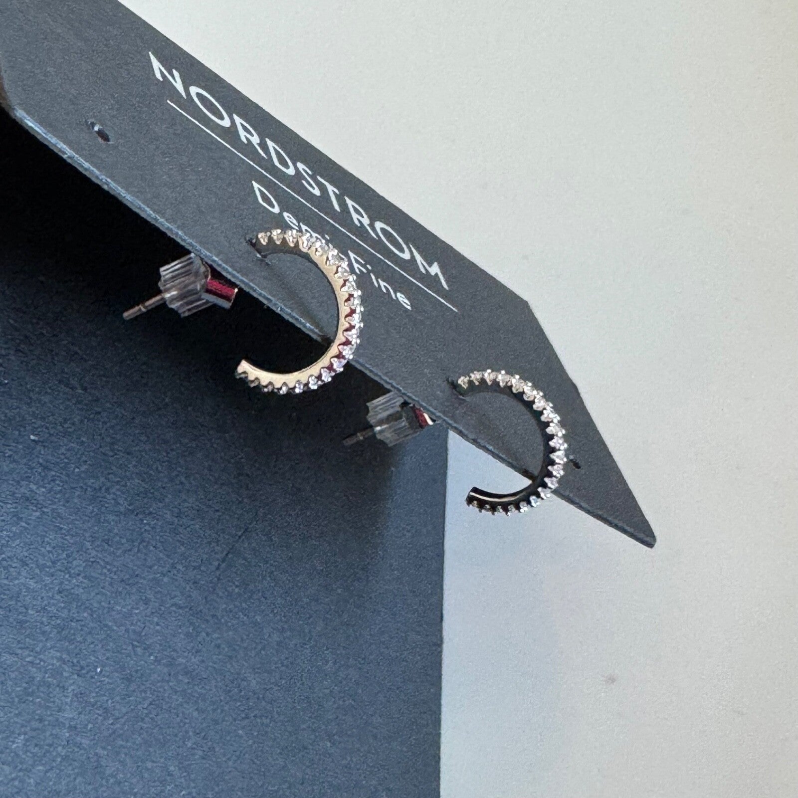 Nordstrom Pave Silver Hoop Earrings With CZ Detail New On Card Pierced