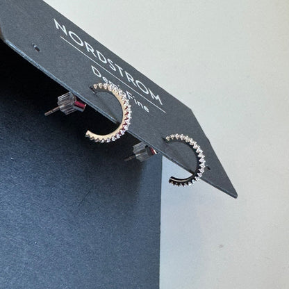 Nordstrom Pave Silver Hoop Earrings With CZ Detail New On Card Pierced