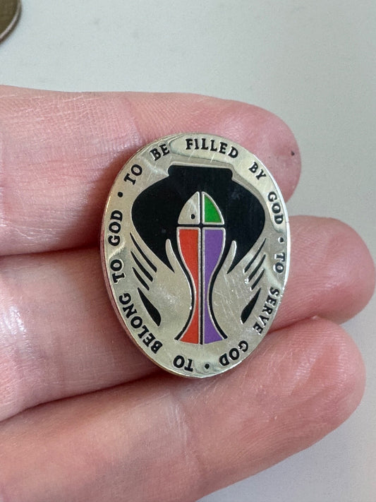RELIGIOUS LAPEL PIN - TO BELONG TO GOD TO BE FILLED BY GOD TO SERVE GOD CHURCH
