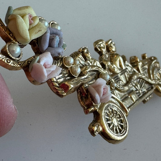 Vintage 1928 Antique Car with Pearls Flowers Gold Tone Brooch Pin