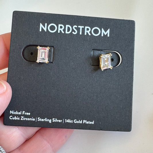 Nordstrom Gold Emerald Cut Solitaire Stud Earrings New On Card Pierced