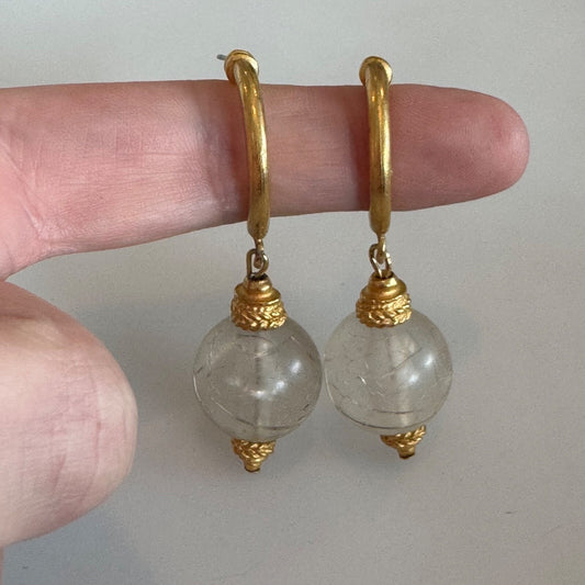 Vintage Gold Tone Hoop Drop Earrings with Frosted Glass Dangle Bead