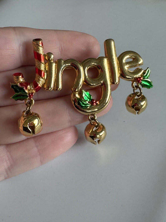 Festive JJ Johnette “Jingle” Christmas Dangle Brooch Gold Tone Bells & Holly