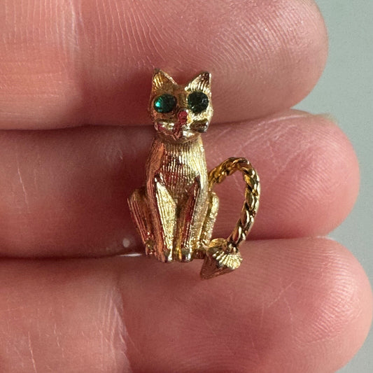 Vintage Gold Tone Cat Lapel Pin Tie Tack Green Stone Eyes Moveable Tail
