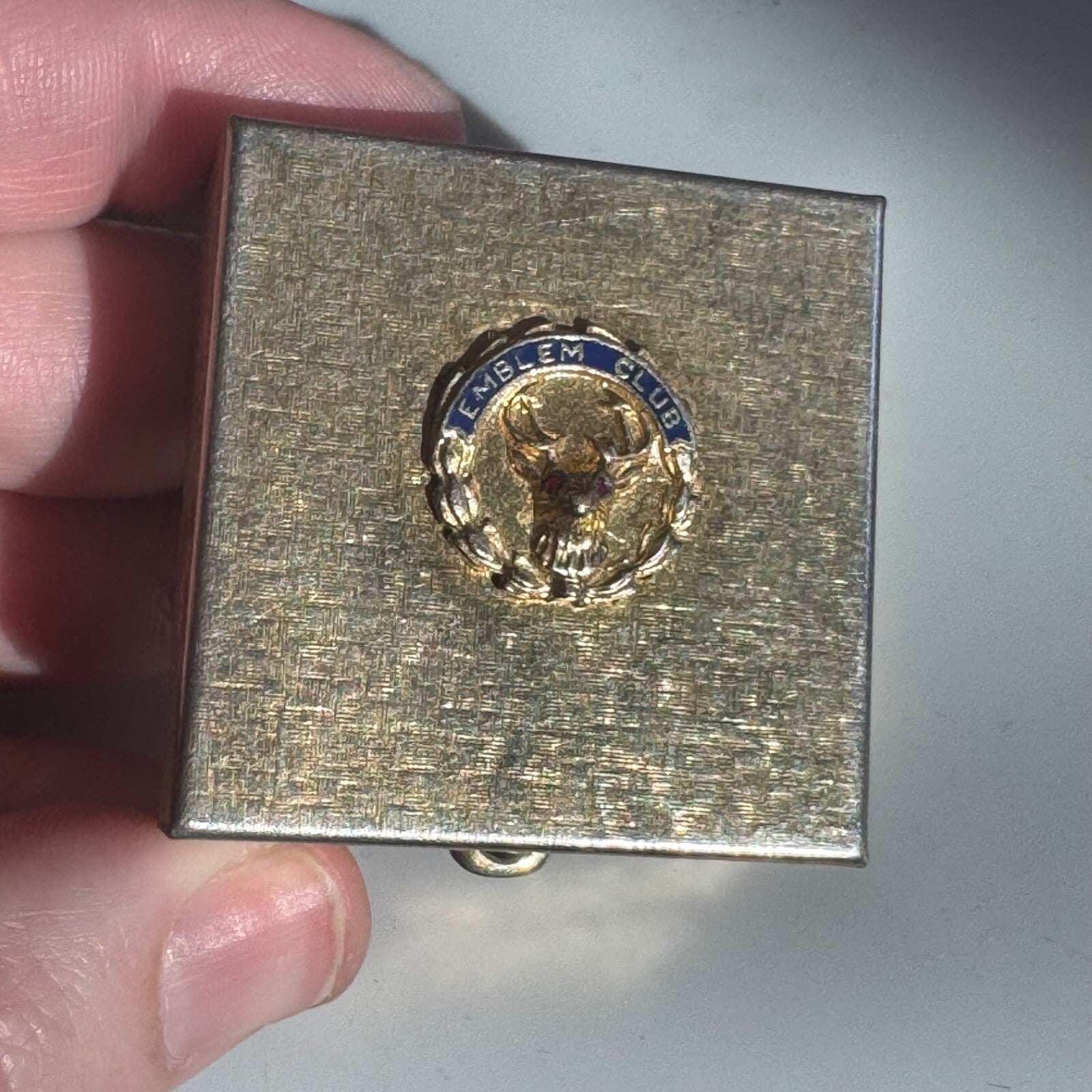 Vintage Emblem Club Hinged Trinket Pill Box Gold Tone Elks BPOE