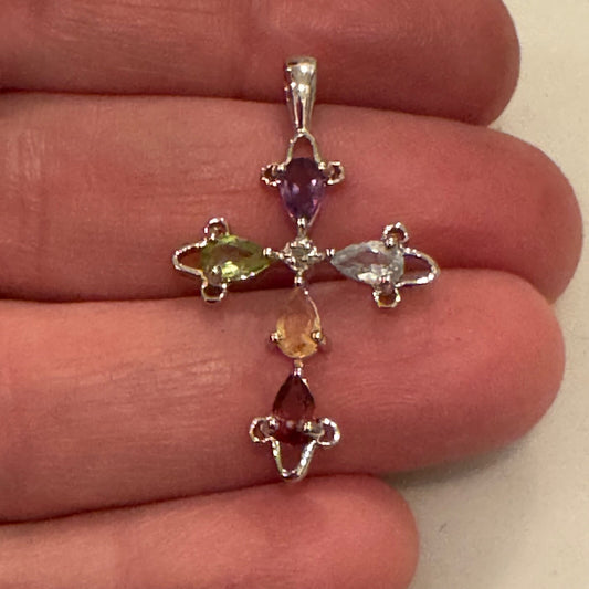 925 RSE Sterling Silver Gemstone Cross Pendant 
