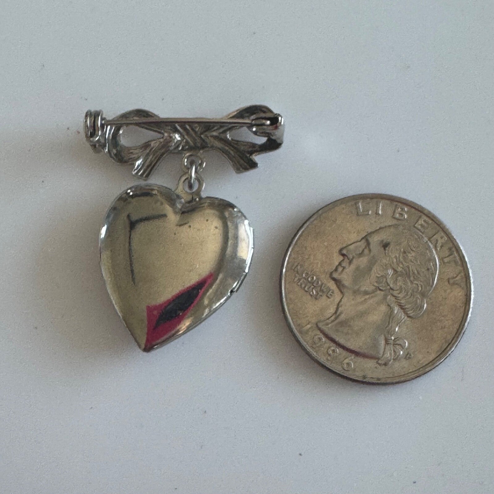 Vintage Silver Tone Heart Shaped Locket Dangle Bow Brooch Pin