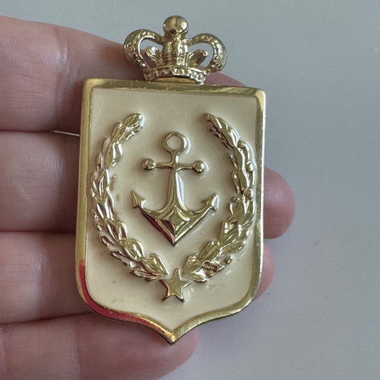 Vintage Nautical Heraldic Anchor Enamel Brooch Gold Tone Cream Enamel Crest