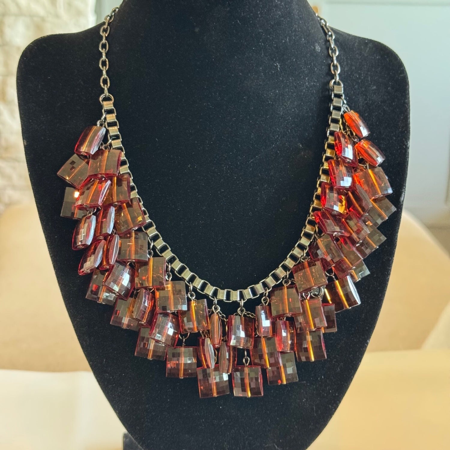 Vintage Joan Rivers Cha Cha Necklace Reddish Brown Lucite Squarish Beads