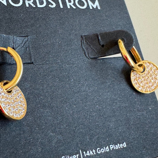 Nordstrom Gold Pavé Disc Drop Huggie Hoop Earrings New On Card Pierced