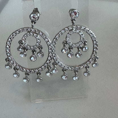 Vintage LVJ Silver Tone Chandelier Crystal Pierced Earrings 