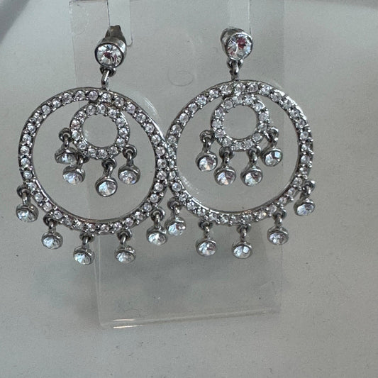 Vintage LVJ Silver Tone Chandelier Crystal Pierced Earrings 